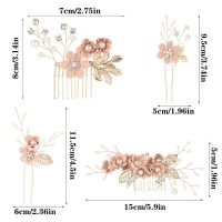 Bowinr 4 Pcs Wedding Hair Comb Pearl Crystal Bride Rose Gold Hair Accessories Hair Side Comb Clips Flower Rhinestone Head Pieces