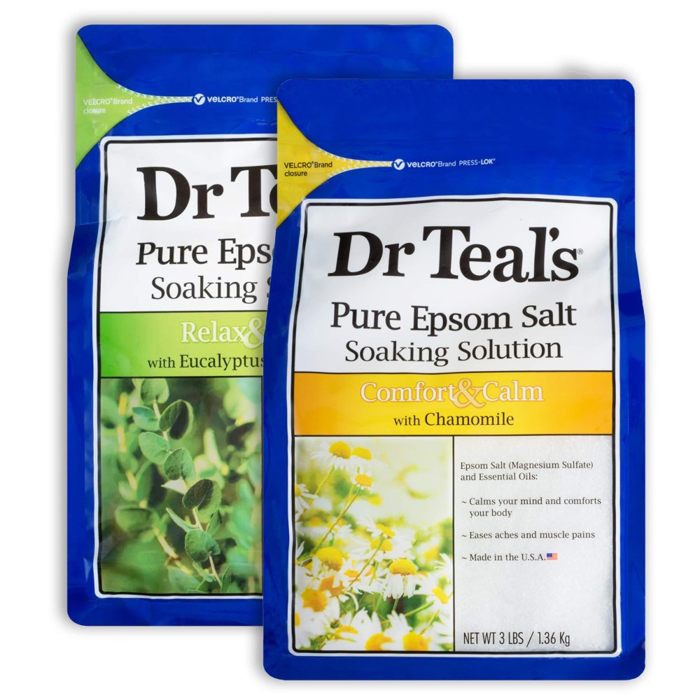 Dr Teals Pure Epsom Salt Bath Soaking Solution Gift Set 2 Bags 6 Lbs Total Relax Relief Eucalyptus Spearmint Comfo