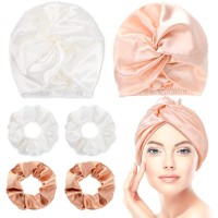 Geyoga 6 Pcs Reusable Large Silk Bonnet And Silk Scrunchies Set For Womens Hair Care And Sleeping Pink White Rose Gold