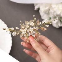 Gorais Leaf Bride Wedding Hair Comb Pearl Bridal Hair Piece Crystal Side Comb Hair Accessories For Women And Girls Bgold