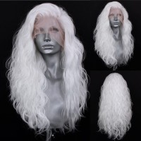 Rdy 24Inches White Long Body Wave Synthetic Lace Front Wigs Natural Looking White Long Wavy Synthetic Wig Lace Frontal Half Heat