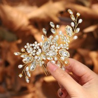 Casdre Crystal Bride Wedding Hair Comb Pearl Bridal Hair Piece Hair Accessories For Women And Girls B Gold