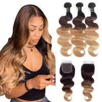 Shining Girl 12A Ombre Body Wave Bundles With Closure Brazilian Virgin Remy 100 Human Hair Ombre 3 Tone T1B427 Color Human Ha