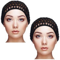 Geyoga 2 Pieces Mesh Crochet Hair Net Rayon Knit Snood Hat Cover Crocheted Sleep Cap For Women Black