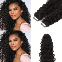 Loxxy Brazilian Curly Tape In Hair Extensions Human Hair Black Women 12Inch Natural Black Color 1B Jerry Curly Tape Ins Human H