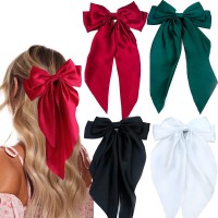 4 Pieces Silky Satin Hair Bows Ribbon Hair Barrettes Clip Large Bow Hair Slides Metal Clips French Barrette Long Tail Hair Acces