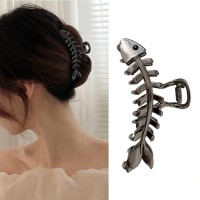 Aiupuoc Black Hair Clip Fish Bone Shape Metal Hair Claw For Women Fashion Geometric Hairpins Hair Grip For French Style Haird