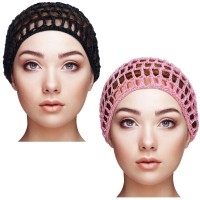 Geyoga 2 Pieces Mesh Crochet Hair Net Rayon Knit Snood Hat Cover Crocheted Sleep Cap For Women Black Pink