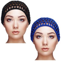 Geyoga 2 Pieces Mesh Crochet Hair Net Rayon Knit Snood Hat Cover Crocheted Sleep Cap For Women Black Blue