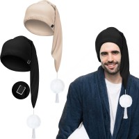 2 Pcs Silk Night Sleeping Cap Men Adjustable Stocking Cap Drawstring Night Sleeping Cap With Pom Ball For Daily Use Black Khak