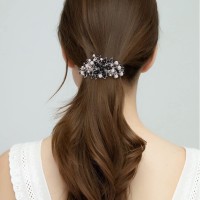 Ever Faith Austrian Crystal Bridal Hibiscus Flower Leaf Cream Simulated Pearl Hair Clip Barrette Navy Blue Silvertone