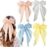 Salocy Large Hair Bows For Women4 Pcs Big Bow Clips For Girls French Barrette Bowknot With Long Tail For Women Pinkbluewhite