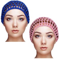 Geyoga 2 Pieces Mesh Crochet Hair Net Rayon Knit Snood Hat Cover Crocheted Sleep Cap For Women Pink Blue