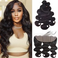 Body Wave Bundles Human Hair With Frontal16 18 20 14Free Part 100 Natural Human Hair Extensions 13X4 Hd Transparent Lace F