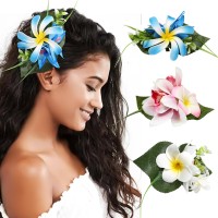 Haimeikang Hawaiian Flower Hair Clip 3 Pieces Large Artificial Tropical Flower Hair Pins For Women In Blue Pink White Hair