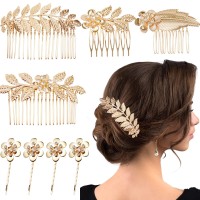 8 Pieces Leaf Hair Side Combs Gold Rhinestone Hair Pins Clips With Teeth Combs For Wedding Hair Accessories For Women Girls Br