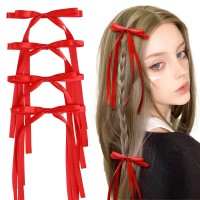 Vobobe 4Pcs Hair Bows For Women Girls Red Tassel Ribbon Bowknot Hair Clips Barrettes For Girl With Long Tail Solid Satin Hair