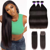 Brazilian Straight 3 Bundles With Closure 26 28 3020 Straight Hair Bundles With 4X4 Hd Closure Free Part 100 Unprocessed Virgi