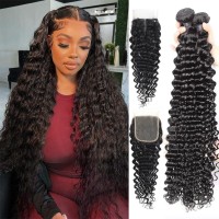 12A Brazilian Deep Wave Bundles With Closure Human Hair 14 16 1812 Curly Hair Bundles Human Hair With Closure 180 Density Unpro