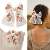 Purggy Lace Embroidery Flower Craft Hair Bows With Long Tail Bowknot Tassel Claw Barrettes For Women And Girls