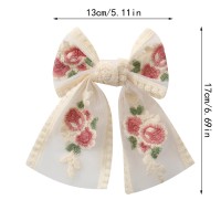 Purggy Lace Embroidery Flower Craft Hair Bows With Long Tail Bowknot Tassel Claw Barrettes For Women And Girls