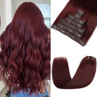 Rimoss Clip In Hair Extensions Real Human Hair Soft 24 Inch Burgundy Red Remy Human Hair Clip In Extensions Straight Premium 7