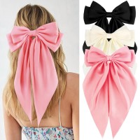 Velscrun Hair Accessories Satin Hair Bows In White Black And Pink 3 Oversized Clips With Long Tails For Women And Girls