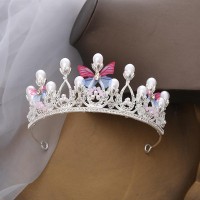 Tiara Butterfly Crown Gold Pearl Headband Rhinestone Hairpiece For Wedding Bridal Prom Birthday Party Cosplay Silver