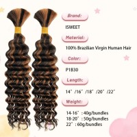 2 Bundles Human Braiding Hair For Boho Braids 20Inch 100G P1B30 10A Brazilian Virgin Deep Wave Bulk Human Hair For Braiding W