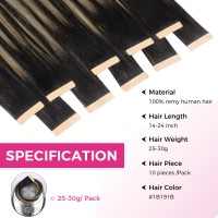 Lashey Tape In Hair Extensions 25G 10Pcs 14 Inch Straight Balayage Natural Black To Light Blonde Highlighted Hair Extensions Tap